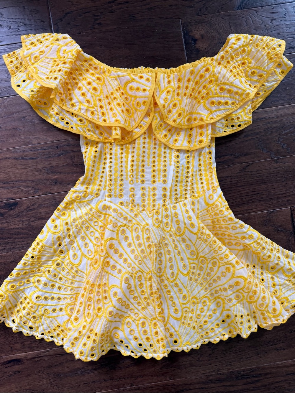Women’s Yellow Eyelet Off-Shoulder Ruffle Dress